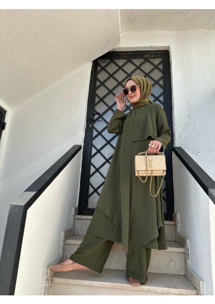 Tesettür Asimetrik Tunik Pantolon Takım Haki