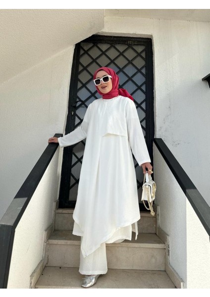Tesettür Asimetrik Tunik Pantolon Takım Beyaz