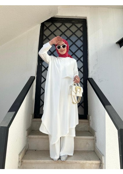 Tesettür Asimetrik Tunik Pantolon Takım Beyaz fiyatları