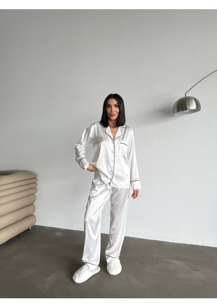 Biyeli Klasik Saten Pijama Takımı