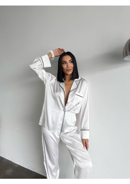 Biyeli Klasik Saten Pijama Takımı modelleri