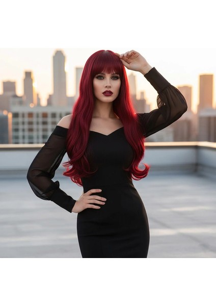 Kahküllü Uzun Dalgalı Fiber Sentetik Peruk - Kızıl