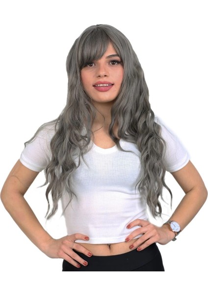 Perçemli Uzun Su Dalgası Fiber Sentetik Peruk- Koyu Gri