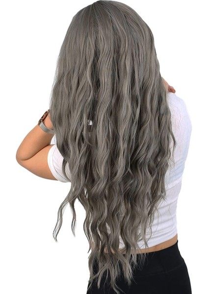 Perçemli Uzun Su Dalgası Fiber Sentetik Peruk- Koyu Gri modelleri