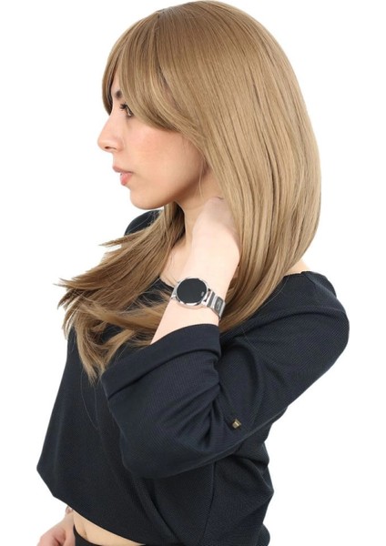 Düz Perçemli Orta Boy Fiber Sentetik Peruk - Bebek Kumralı modelleri