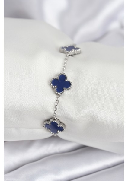 316L Çelik Zincir Gümüş Renk Lacivert Yonca Kadın Bileklik - Lisinya