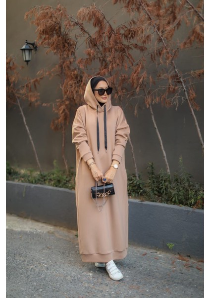 Tesettür Kapüşonlu Scuba Elbise Vizon