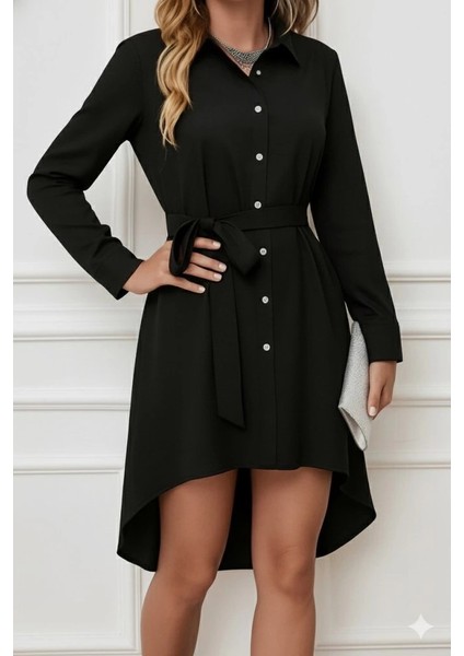 Kadın Uzun Kollu Ön Kısım Kısım Arka Kısım Uzun Trikoton Gömlek Elbise