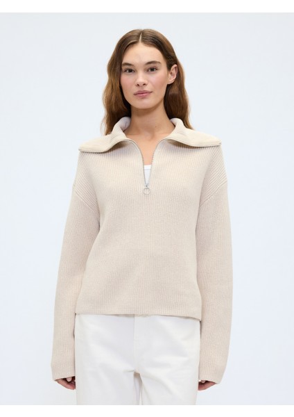 Kadın Krem Relaxed Çeyrek Fermuarlı Kazak