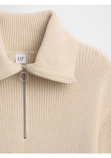 Kadın Krem Relaxed Çeyrek Fermuarlı Kazak modelleri