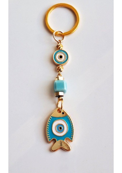 Hediyelik Nazar Boncuklu Turkuaz Şans Balık Anahtarlık 10 cm