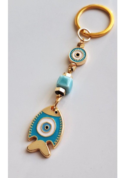 Hediyelik Nazar Boncuklu Turkuaz Şans Balık Anahtarlık 10 cm fiyatları