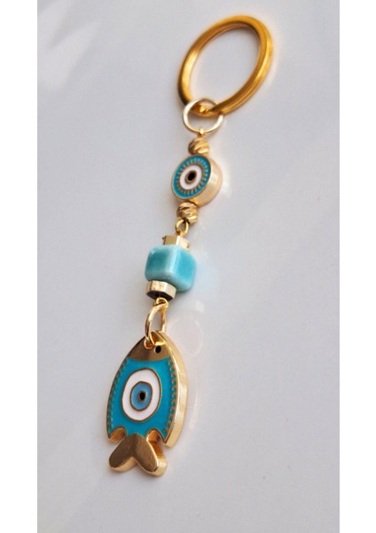 Hediyelik Nazar Boncuklu Turkuaz Şans Balık Anahtarlık 10 cm modelleri