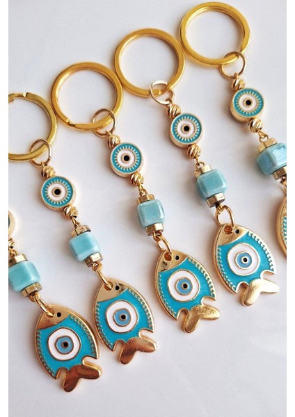 Hediyelik Nazar Boncuklu Turkuaz Şans Balık Anahtarlık 10 cm