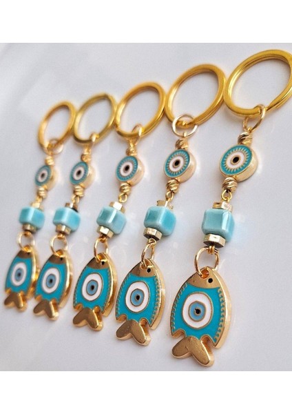 Hediyelik Nazar Boncuklu Turkuaz Şans Balık Anahtarlık 10 cm
