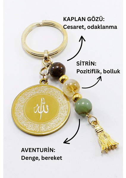 Çelik Çift Taraflı Ayetel Kürsi Felak Nas Ihlas Anahtarlık, Doğal Taş Kaplan Gözü, Sitrin, Aventurin