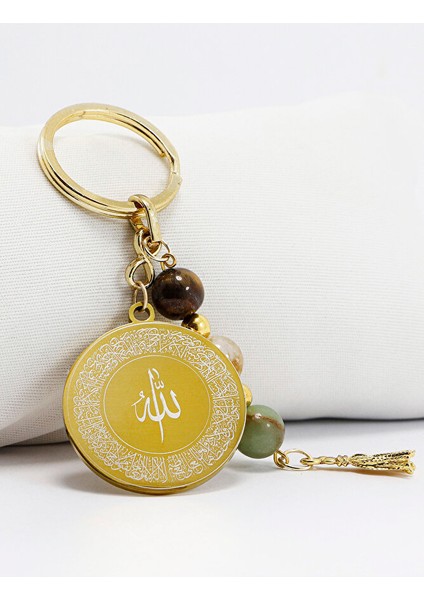 Çelik Çift Taraflı Ayetel Kürsi Felak Nas Ihlas Anahtarlık, Doğal Taş Kaplan Gözü, Sitrin, Aventurin modelleri