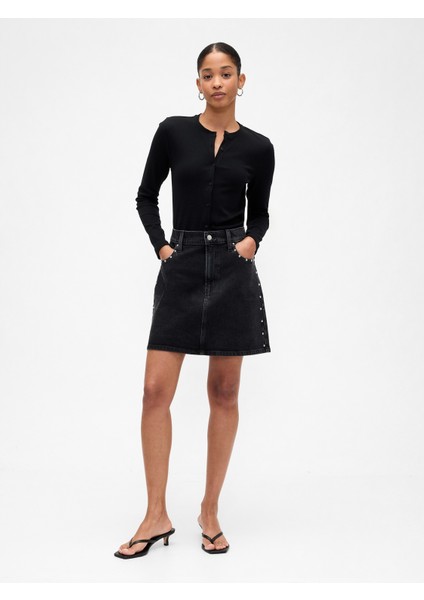 Kadın Siyah High Rise Denim Mini Etek