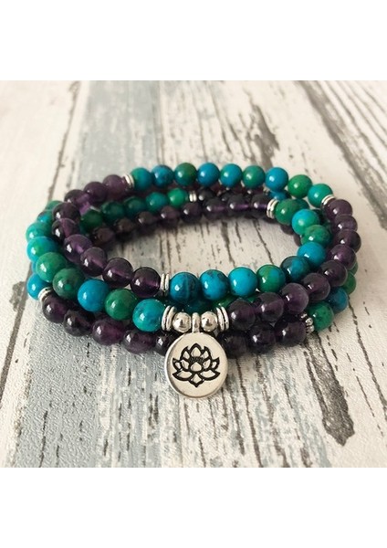 Lotus 108 Tesbih Taşı Kolye Veya Bilezik Lotus Budist Inci Kolye Ametist ve Kriyokolla Boncuklu Bilezik Kadın (Yurt Dışından)