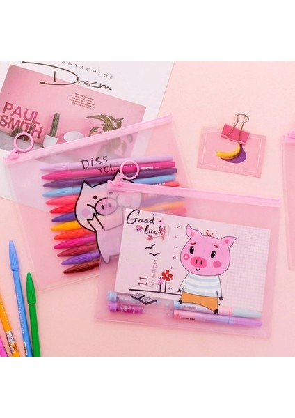 No.8 Stili Yaratıcı Pembe Domuzcuk Kız Kalp Parmak Yüzük Fermuarlı Şeffaf Pvc A5 Dosya Klasörü Belge Dosyalama Çantası Kırtasiye Çantası (Yurt Dışından)