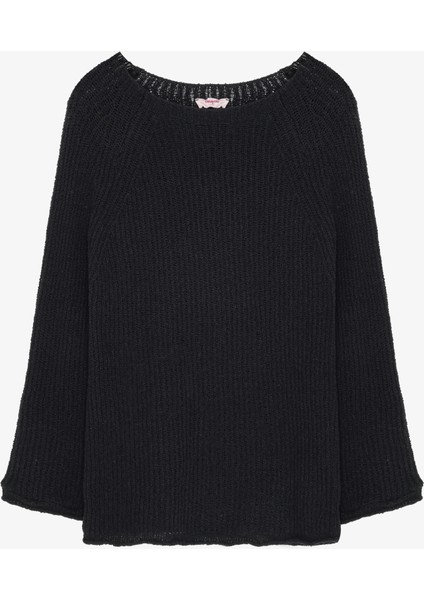 Kayık Yaka Oversize Triko Kazak Siyah