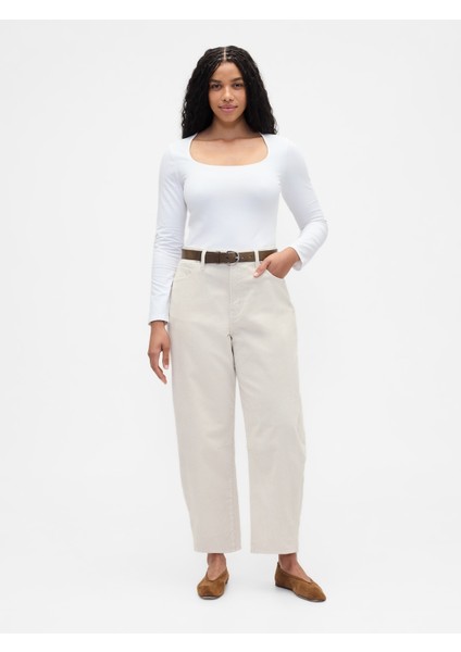 Kadın Kırık Beyaz High Rise Barrel Corduroy Pantolon fırsatları