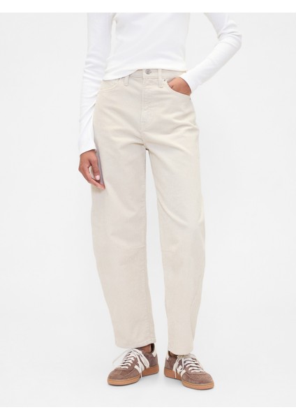 Kadın Kırık Beyaz High Rise Barrel Corduroy Pantolon