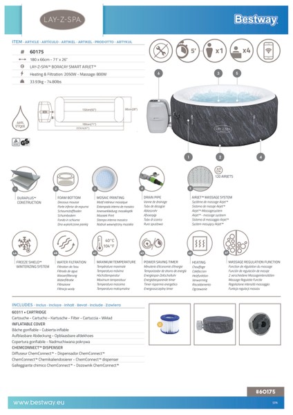Lay-Z-Spa® 60175 Boracay Smart Signature Airjet™ Şişme Spa Havuzu, Mobil Uygulama Kontrollü, 2-4 Kişilik