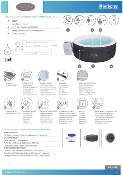 Lay-Z-Spa® 60035 Havana Smart Signature Airjet™ Şişme Spa Havuzu, Mobil Uygulama Kontrollü, 2-4 Kişilik