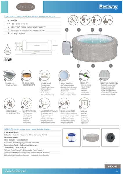 Lay-Z-Spa® 60065 Zurich Energysense Signature Airjet™ Şişme Spa Havuzu, 2-4 Kişilik indirimleri