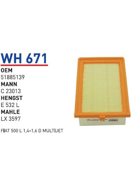 Wh671 Oem 51885139 Fıat 500L1,4-1,6 D multıjet Otomobil hava filtre air filter
