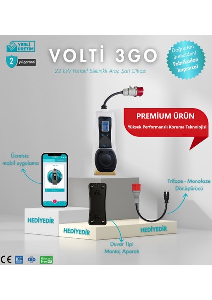 3Go Elektrikli Araç Şarj Cihazı - Tip-2, 22 Kw/3 Kw, 32A/13A, 380V/230V Ac