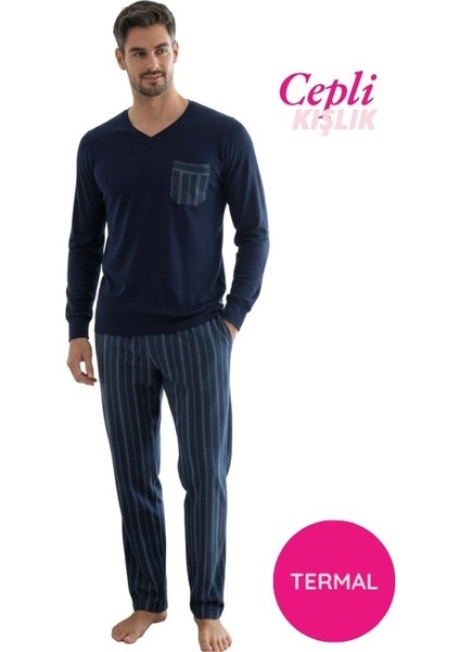 Erkek V Yaka Düğmesiz Göğüs Cepli Yumuşak Termal Bilek Manşetli Kışlık Uzun Kol Cepli Pijama Takımı