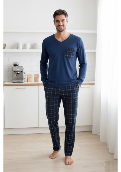 Erkek V Yaka Düğmesiz Göğüs Cepli Yumuşak Termal Bilek Manşetli Kışlık Uzun Kol Cepli Pijama Takımı fırsatları
