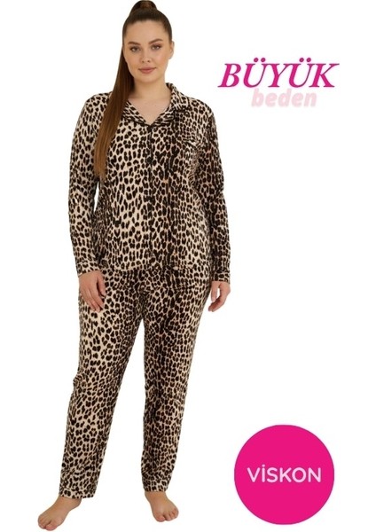 Kadın Büyük Beden Viskon Önden Düğmeli Gömlek Yaka Göğüs Cepli Uzun Kol Mevsimlik Pijama Takımı