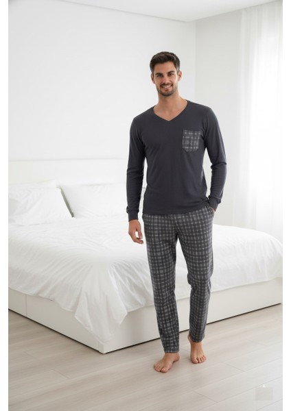 Erkek V Yaka Düğmesiz Göğüs Cepli Yumuşak Termal Bilek Manşetli Kışlık Uzun Kol Cepli Pijama Takımı indirimleri