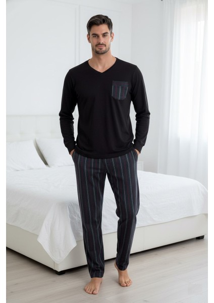 Erkek V Yaka Düğmesiz Göğüs Cepli Yumuşak Termal Bilek Manşetli Kışlık Uzun Kol Cepli Pijama Takımı fırsatları