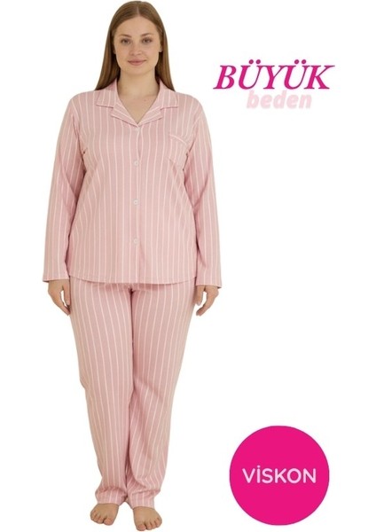 Kadın Büyük Beden Viskon Önden Düğmeli Gömlek Yaka Göğüs Cepli Uzun Kol Mevsimlik Pijama Takımı