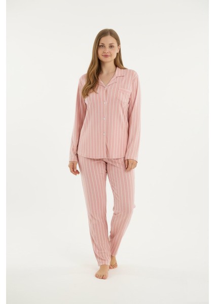 Kadın Büyük Beden Viskon Önden Düğmeli Gömlek Yaka Göğüs Cepli Uzun Kol Mevsimlik Pijama Takımı