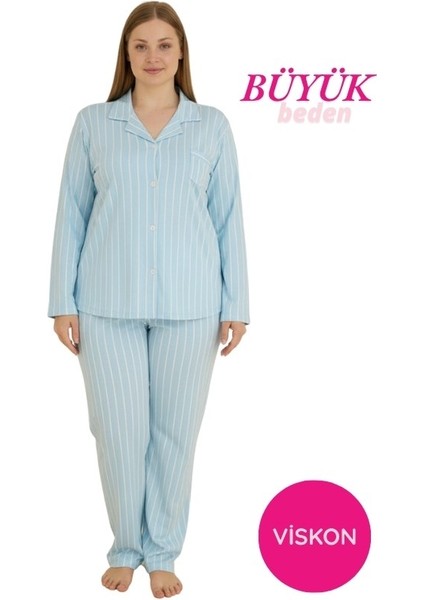 Kadın Büyük Beden Viskon Önden Düğmeli Gömlek Yaka Göğüs Cepli Uzun Kol Mevsimlik Pijama Takımı