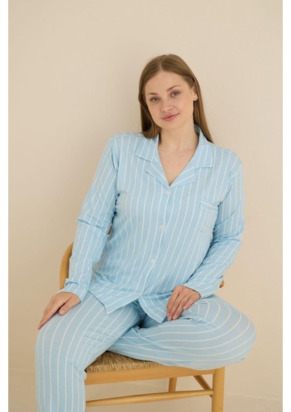 Kadın Büyük Beden Viskon Önden Düğmeli Gömlek Yaka Göğüs Cepli Uzun Kol Mevsimlik Pijama Takımı modelleri