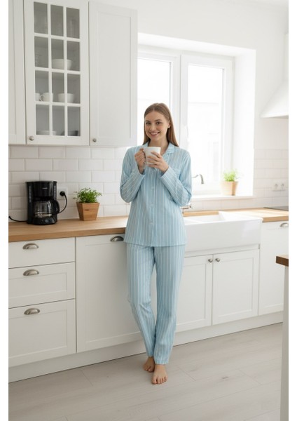 Kadın Büyük Beden Viskon Önden Düğmeli Gömlek Yaka Göğüs Cepli Uzun Kol Mevsimlik Pijama Takımı fırsatları