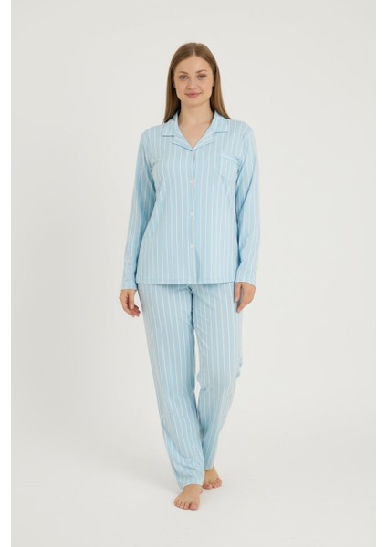 Kadın Büyük Beden Viskon Önden Düğmeli Gömlek Yaka Göğüs Cepli Uzun Kol Mevsimlik Pijama Takımı