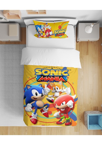 Sonic Mania Desenli 3D Dijital Baskılı Tek Kişilik Çarşafsız Erkek Çocuk Nevresim Takımı