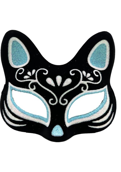 Siyah Renk Süet Kaplama Üzeri Gümüş Mavi Simli Kedi Maskesi 17X14 cm (5148)