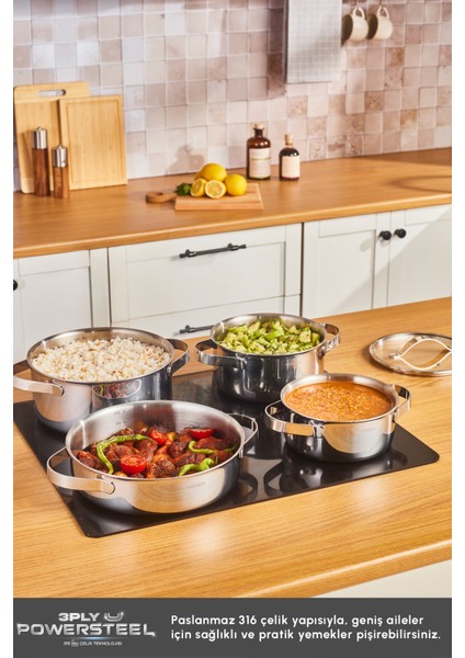 Power Steel 316+ 3ply Discovery Indüksiyon Tabanlı 8 Parça Çelik Tencere Seti modelleri