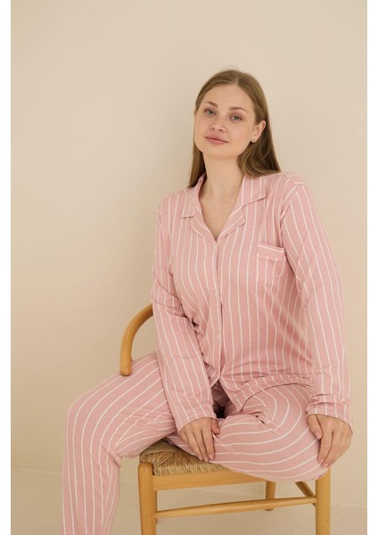 Kadın Büyük Beden Viskon Önden Düğmeli Gömlek Yaka Göğüs Cepli Uzun Kol Mevsimlik Pijama Takımı modelleri