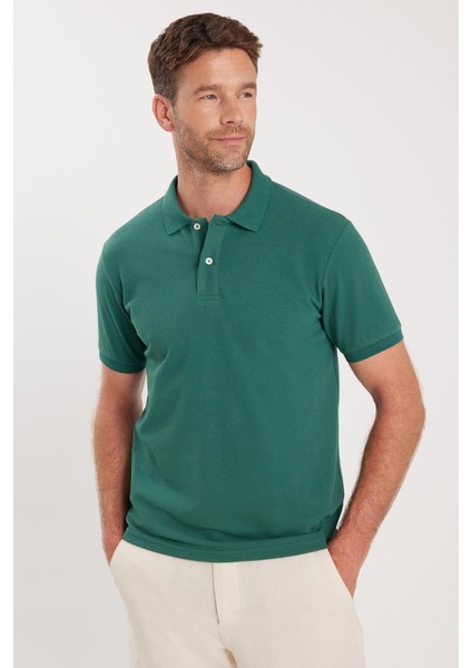 Erkek Slim Fit Dar Kesim Pamuklu Yumuşak Dokulu Serin Tutan Kumaş Düz Pike Yeşil Polo Yaka Tişört