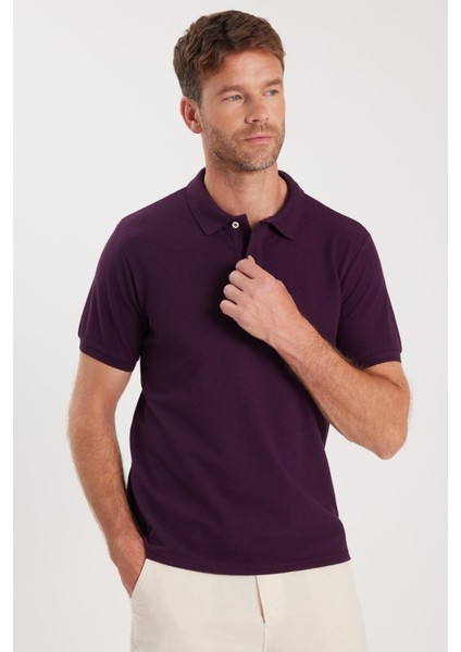 Erkek Slim Fit Dar Kesim Pamuklu Yumuşak Dokulu Serin Tutan Kumaş Düz Pike Mürdüm Polo Yaka Tişört