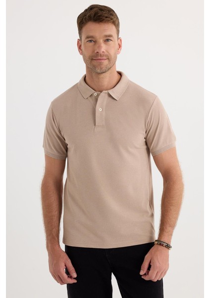 Erkek Slim Fit Dar Kesim Pamuklu Yumuşak Dokulu Serin Tutan Kumaş Düz Pike Bej Polo Yaka Tişört